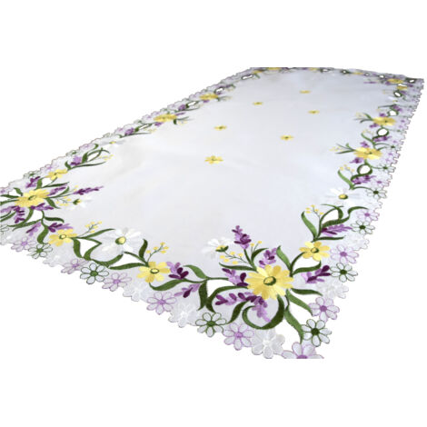 RUNNER DA TAVOLA Centrino in raso bianco ricamato 60x120 con fiori viola ricamati