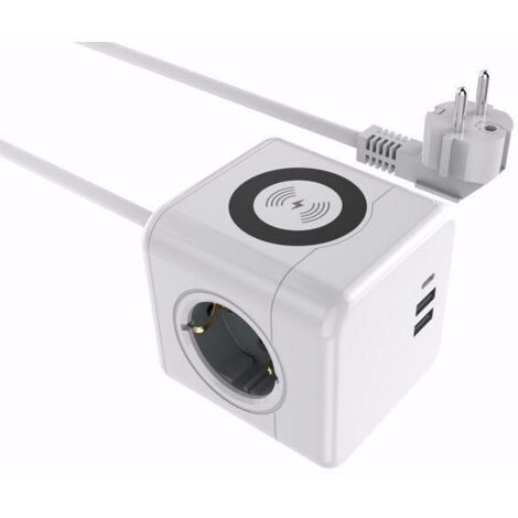 MicroConnect Power Cube con carga inalámbrica, 3 enchufes Schuko, 2 puertos USB A, 1 puerto USB-C, cable de 1,5 m, blanco, MC-CUBE015WIC