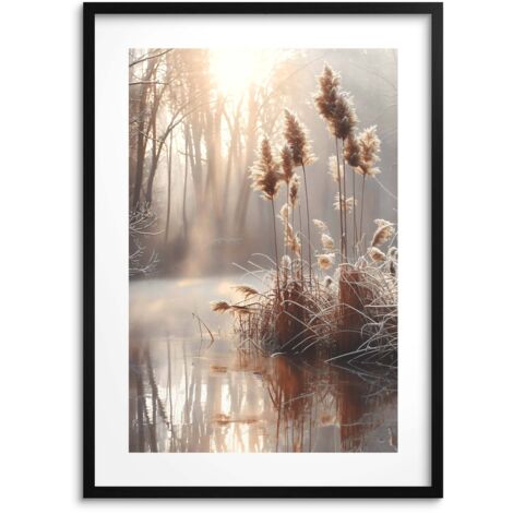 Póster de hierba beige con marco negro de 50 x 70 cm, ideal para sala de estar y oficina.