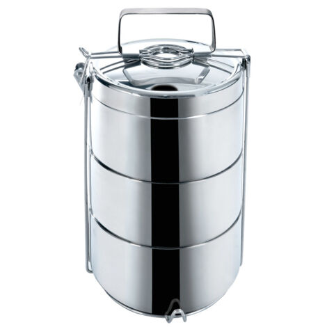 Caja termo para alimentos en acero inoxidable con tres recipientes.