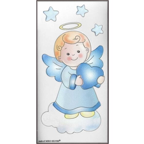 Cuadro plateado de un ángel azul sosteniendo un corazón, recuerdo de un Bautismo o cumpleaños 3858 7 x 14 cm (1/5)