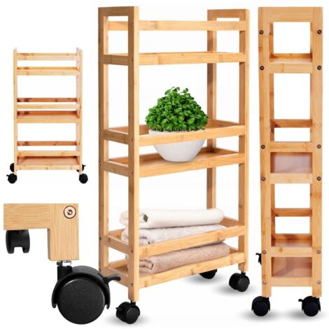Estante de baño, estante de cocina, armario con ruedas, bambú, estrecho, madera (1/5)