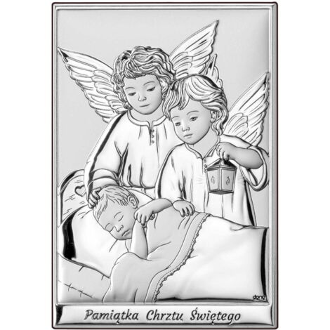 Cuadro plateado de ángeles sobre un niño, recuerdo del Santo Bautismo DS09 7 x 9,5 cm (1/5)