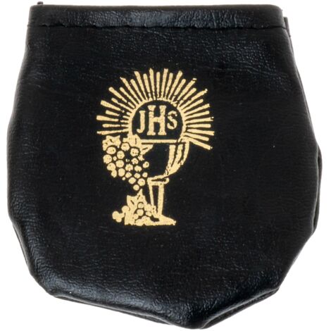 Estuche para rosario de comunión de ecopiel negra con motivo de cáliz. (1/2)