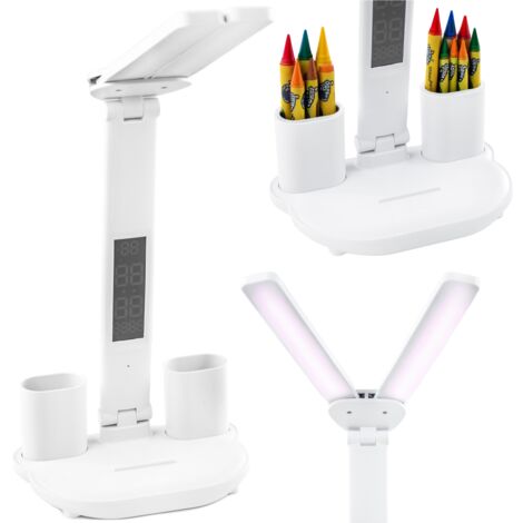 Lámpara de escritorio LED con pantalla, reloj de dibujo y temperatura dual.