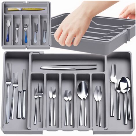 Organizador de cajones de cocina para cubiertos, inserto de cocina extensible, gris