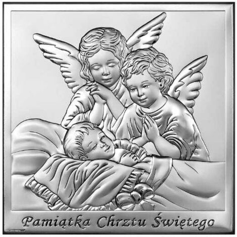 Cuadro en plata de dos ángeles con grabado, recuerdo del Santo Bautismo 6444 8 x 8 cm