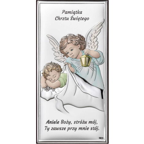 Imagen plateada de un ángel de colores, recuerdo del Santo Bautismo con la oración "Ángel de Dios..." DS01C 5 x 10 cm (1/5)