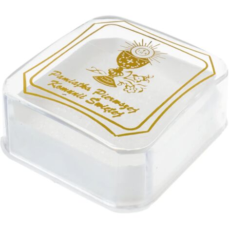 Caja de rosario de comunión transparente con un elegante estampado dorado (1/3)