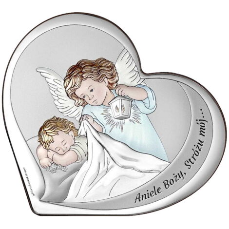 Cuadro plateado con Ángel de la Guarda, corazón de colores + grabado 6777-C 11,5 x 10 cm (1/5)