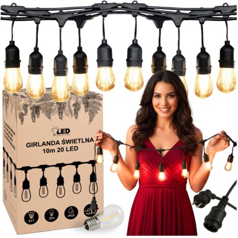 Guirnalda de luces para jardín de 10 m con 20 bombillas E27, resistente al agua (IP65), apta para todo el año.