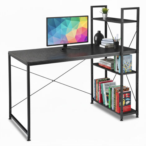 Escritorio tipo loft negro con estantes metálicos, ideal para juegos y uso escolar.
