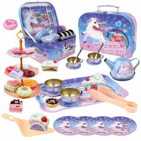 Juego de té de metal: jarra, tazas, bandeja, dulces y maleta