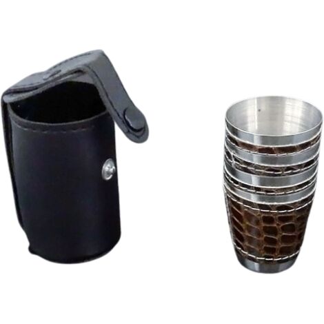 Juego de 4 vasos pequeños de metal recubiertos de cuero de 30 ml en un estuche (1/3)