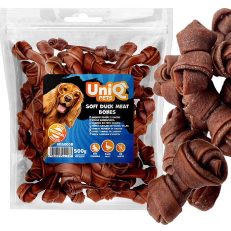 Delicias, snack para perros, suaves UniQ Duck Knots Cubes 500g (1/4)