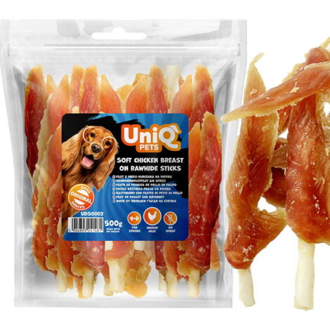 Golosina blanda para perros, filete de pechuga de pollo en palito UniQ 500 g