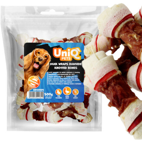 Premios para perros con hueso atado con piel de res y pato UniQ Pets 500g (1/5)
