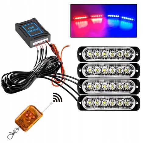 4x LED ROJO AZUL LUZ DE ADVERTENCIA DE DESTELLO CONTROL REMOTO 6 PROGRAMAS SMD (1/5)