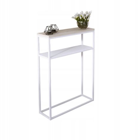 Consola doble 60x20 con estante metálico, recibidor realizado en perfiles 15x15, Blanco Mate, Roble Sonoma (1/3)