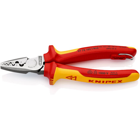 KNIPEX 97 78 180 T Crimpadora para punteras huecas Aislado con fundas multicomponente, homologado por VDE con anilla de fijación aislada e integrada para colocar una protección anticaída 180 mm