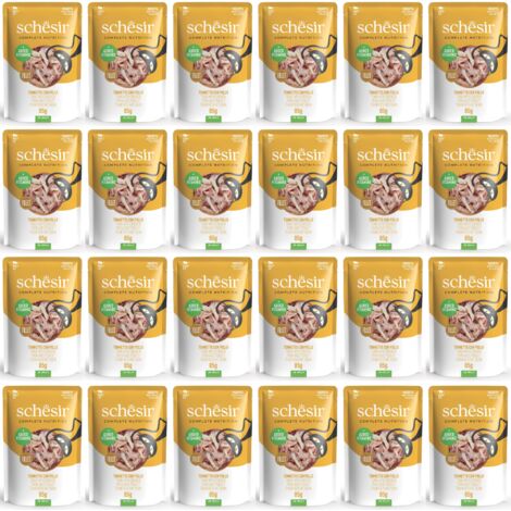 Comida húmeda para gatos SCHESIR Atún adulto con filetes de pollo 24x85g