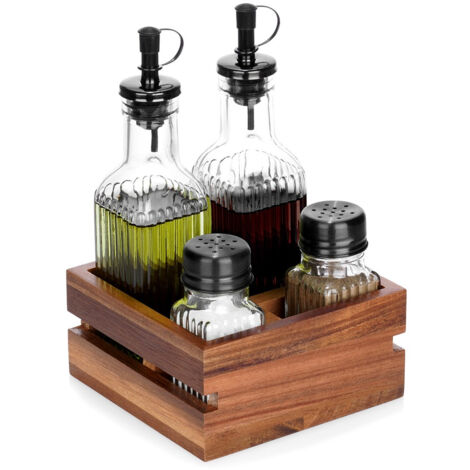 Juego de condimentos de mesa, sal, pimienta, aceite y vinagre en recipientes con soporte