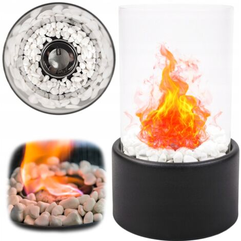 CHIMENEA BIOBURN INDEPENDIENTE PARA BIOCOMBUSTIBLE EN LA TERRAZA MESA NEGRA CON CRISTAL MACIZO