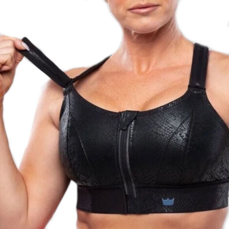 Sujetador deportivo Shefit negro con estampado de serpiente azul. Sujeción fuerte y ajustable. Talla 2XL. (1/4)