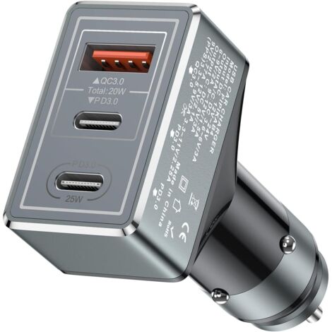 Cargador de coche USB de 3 puertos LED para luz de cigarrillos de 65 W (1/5)