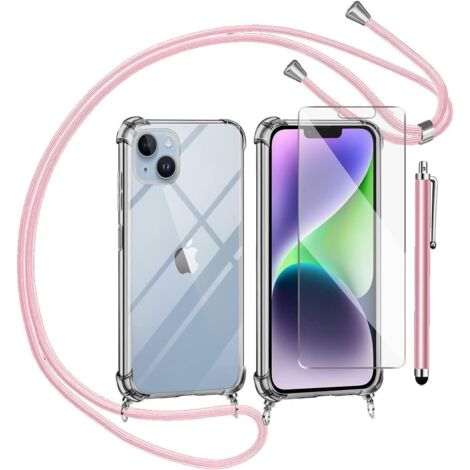 FUNDA PARA APPLE IPHONE 14 Plus DE VIDRIO TEMPLADO CON CORDÓN Y LÁPIZ ÓPTICO ROSA (1/5)