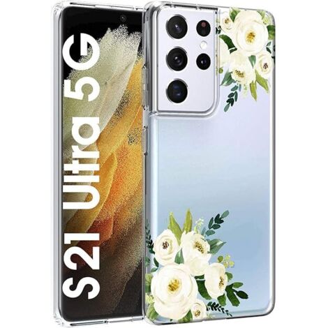 FUNDA DE SILICONA PARA SAMSUNG GALAXY S21 ULTRA TRANSPARENTE FLORES BLANCAS PEONÍA (1/5)