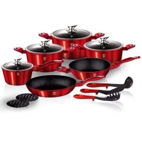 BERLINGER HAUS BH-1226 JUEGO DE BATERÍA DE COCINA DE GRANITO LÍNEA METÁLICA ROJA 15 PIEZAS