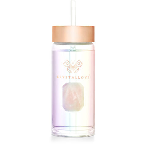 Botella de agua de cristal CRYSTALLOVE con cuarzo rosa y pajita (400 ml) - Holograma (1/5)