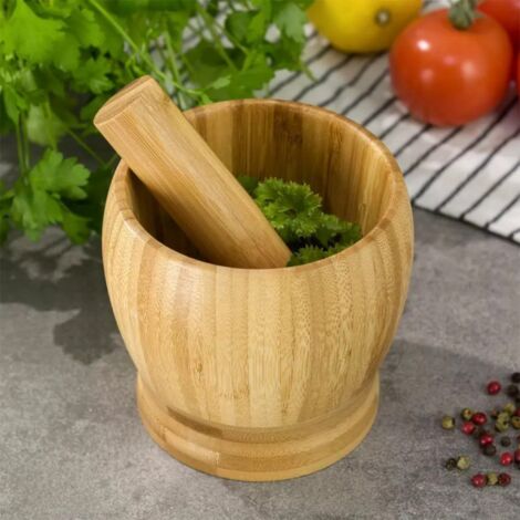 Mortaio In Bambù Con Pestello – Mortero C/Manu Bambú Per Cucina, Decorazione O Spezie