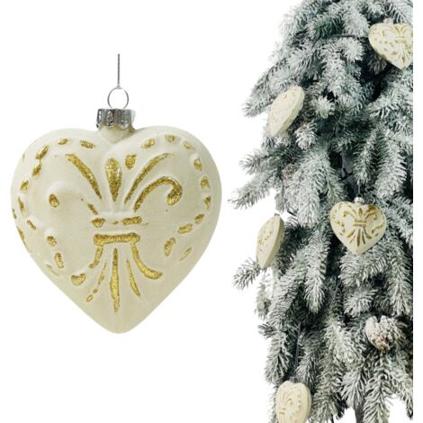 Adorno de Navidad de cristal - Corazón color crema con decoración dorada, 9 cm