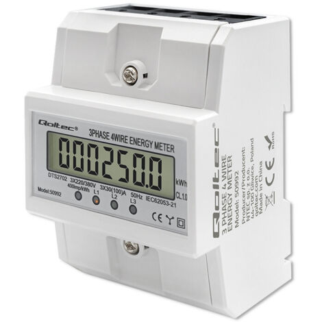 Medidor electrónico trifásico Qoltec Medidor de consumo de energía para carril DIN 400 V 100 A LCD 4 pines