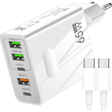 Cargador de pared rápido de 65 W: 2 puertos USB-C PowerDelivery, 3 puertos USB-A QC 3.0, blanco (1/5)