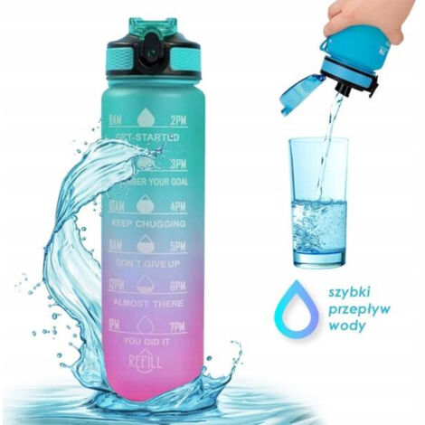 Botella de agua ECARLA con vaso medidor y pajita 1l Verde degradado con rosa BD19 (1/5)