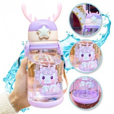 Botella de agua infantil ECARLA con pajita, 600 ml, morada con rosas BD30FIO (1/5)