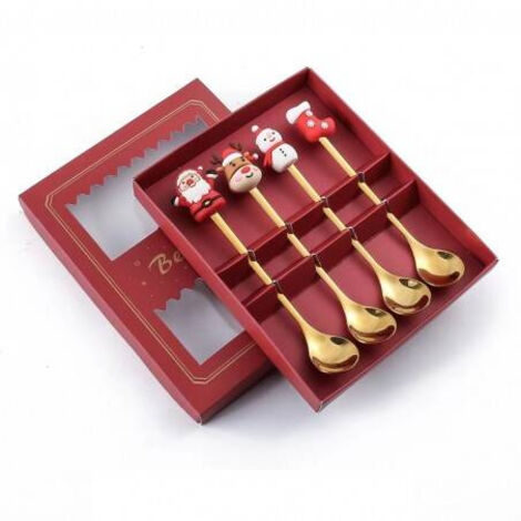 Juego de cucharas ECARLA con figuras navideñas, 4 piezas en caja, color dorado LYZ4 (1/5)