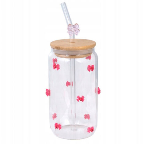 Vaso ECARLA con pajita y tapa de bambú 460ml Lazos rosas con brillantes SZK135 (1/3)