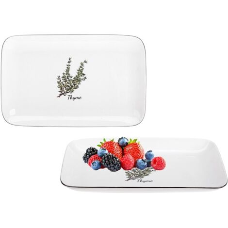 Plato de porcelana rectangular PROVENCE THYME 25 cm blanco lechoso estampado colorido ramita de tomillo borde negro porcelana New Bone