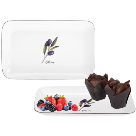 Plato de porcelana rectangular PROWANCE OLIVES 30 cm blanco lechoso estampado colorido rama de olivo borde negro porcelana New Bone