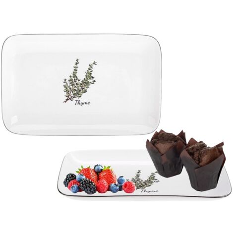 Plato de porcelana rectangular PROVENCE THYME 30 cm blanco lechoso estampado colorido ramita de tomillo borde negro porcelana New Bone