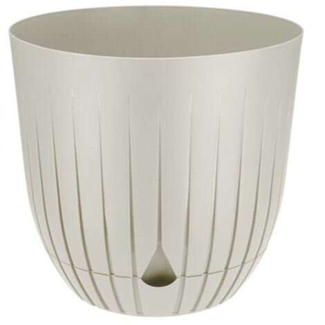 Maceta de plástico BRITTA con plato tamaño 1 diámetro 13 cm patrón de rayas estriadas plástico color crema lino mate (1/4)