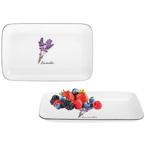 Plato de porcelana rectangular PROVENCE LAVENDER 25 cm blanco lechoso estampado colorido flores de lavanda borde negro porcelana New Bone (1/5)