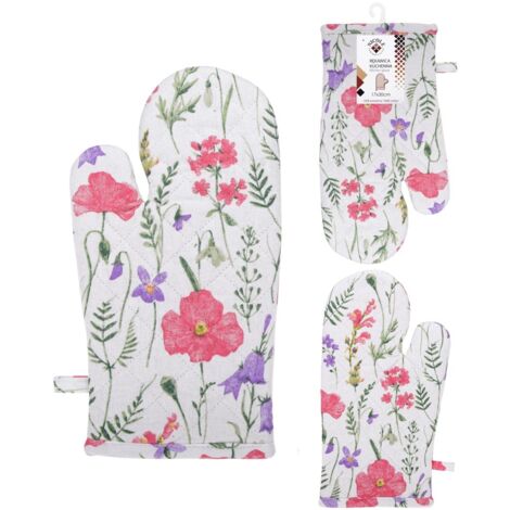 Guante de horno textil grueso NICOLE, 100% algodón, art. 52343, patrón 5, blanco con flores de colores y ramitas verdes (1/4)