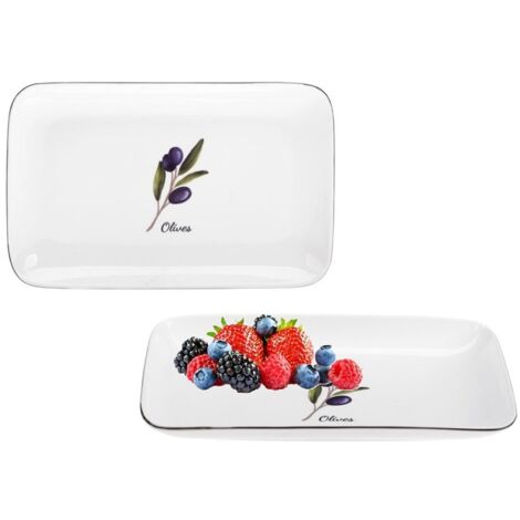 Plato de porcelana rectangular PROWANCE OLIVES 25 cm color blanco lechoso estampado colorido rama de olivo borde negro porcelana New Bone
