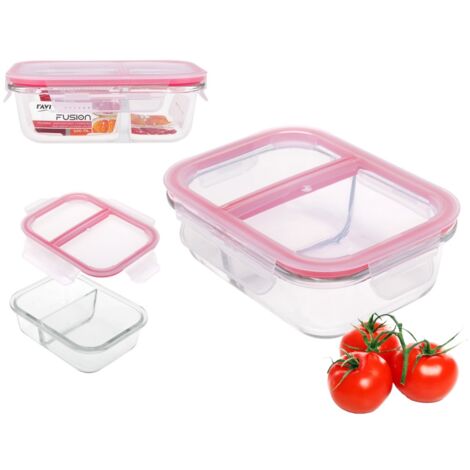 Recipiente de vidrio para fiambrera, resistente al calor, rectangular, de dos piezas, con dos compartimentos y tapa, FUSION artículo 81455, hermético, 600 ml, para alimentos, hermético, cierre de clip (1/4)