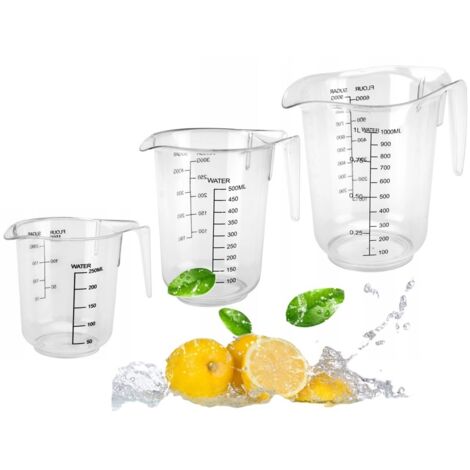 Jarra de plástico con vaso medidor y asa Aqua set de 3 uds. 250+500+1000 ml para medir con graduación vaso medidor de cocina (1/5)